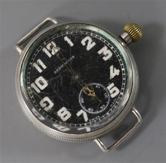 A gentlemans WWI silver Submarine manual wind wrist retailed by Brook & Son (no strap).